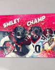 Personalized canvas featuring two black labs in red and white football jerseys with "SMILEY" and "CHAMP.