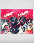 Personalized 'Georgia Doggos' poster featuring two black labs in football jerseys, "Smiley" and "Champ," on a vibrant red stadium background.