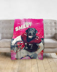 Personalized pet blanket with a black lab dog in a football uniform on a pink stadium background.
