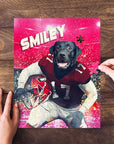 Personalized pet puzzle featuring a black lab in a red football uniform, with "SMILEY" text.