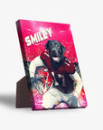Personalized pet standing canvas featuring a black dog in a red football uniform with "SMILEY" text.