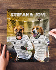 Personalized 2-pet puzzle featuring a Boxer and Beagle in Germany soccer jerseys, set against a stadium background.