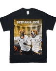 Black Gildan t-shirt with a custom graphic of two dogs in German soccer jerseys, "Stefan & Jovi" above.