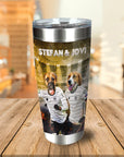 Personalized stainless steel tumbler with two dogs in German soccer jerseys and custom names.