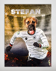 Personalized matte poster featuring a Mastiff dog in a white German soccer jersey running on a field.