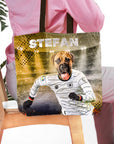 Personalized tote bag with a dog's portrait as a German soccer player, stadium background, and "STEFAN" text.