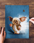 Personalized pet puzzle featuring a Shih Tzu dog in a "Gizmo" cartoon style, being assembled on wood.