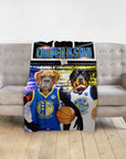 Personalized Golden State Doggos blanket with two dogs in basketball jerseys, "Cooper & Stan" text.