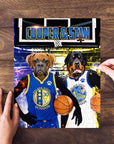 Personalized 2-pet puzzle featuring a Boxer and Rottweiler in Golden State Doggos basketball jerseys.