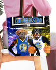 Personalized 2-pet tote bag featuring custom boxer and rottweiler dog portraits in basketball jerseys.