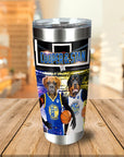 Personalized stainless steel tumbler with two dogs in Golden State basketball jerseys.