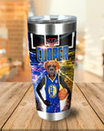 Personalized stainless steel tumbler with a boxer dog in a basketball uniform, named "Cooper.