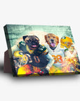 Personalized Green Bay Doggos standing canvas featuring a pug and golden retriever in football uniforms.