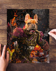 Personalized 'Hades Doggo' pet puzzle featuring a French Bulldog in fiery armor, with hands assembling it.