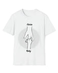 White Gildan softstyle cotton tee with "Gloria" holding a paw labeled "Ruby" on a dotted circle.