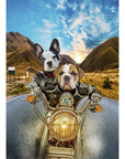 Custom digital portrait of two dogs, a French Bulldog and a Bulldog, riding a motorcycle.