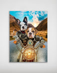 Personalized 'Harley Wooferson' poster featuring two dogs in leather jackets riding a motorcycle through mountains.