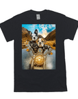 Black Gildan t-shirt featuring two dogs in leather jackets riding a motorcycle on a scenic road.