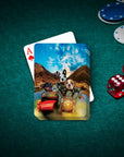 Custom personalized playing cards featuring three pets riding a motorcycle, on a green felt table with poker chips and dice.