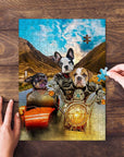 Personalized 3-pet puzzle featuring dogs in a "Harley Wooferson" style, with hands assembling pieces.