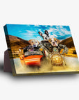 Personalized "Harley Wooferson" standing canvas featuring four pets on a motorcycle with a sidecar.