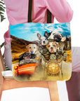 Personalized 5-pet 'Harley Wooferson' tote bag with dogs in motorcycle and car portraits.