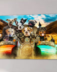 Personalized pet portrait canvas of multiple dogs riding motorcycles and a sidecar, with a desert background.