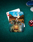 Personalized playing card featuring a dog in a leather jacket riding a motorcycle, on a green felt table with poker chips and dice.