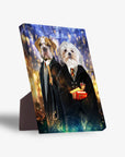 Personalized 'Harry Dogger 2' standing canvas featuring two pets in wizard robes, a bulldog and a Shih Tzu.