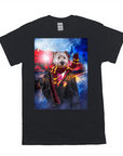 Black Gildan unisex t-shirt with a personalized pet portrait of a white dog dressed as Harry Potter.