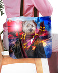Personalized Harry Dogger pet portrait tote bag featuring a dog in wizard robes.