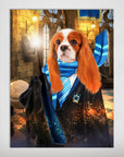 Personalized 'Harry Dogger (RavenPaw)' pet poster featuring a Cavalier King Charles Spaniel in a wizard robe and blue scarf, holding a glowing wand.