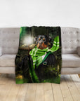 Personalized Rottweiler dog portrait blanket in a Slytherin wizard costume with a glowing wand.