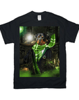 Black Gildan t-shirt featuring a Rottweiler in a green Slytherin robe and scarf, holding a glowing wand.