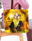 Personalized Harry Dogger Wooflepuff tote bag with a bulldog pet portrait in a wizard robe.