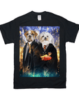 Black Gildan t-shirt featuring two dogs dressed as wizards, one holding a wand, the other a book.