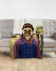 Personalized pet blanket with a pug in a "hillbilly" outfit, standing in a field with an old truck.