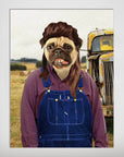 Personalized 'Hillbilly' pet poster featuring a pug with a mullet in denim overalls, standing in a field.
