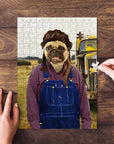 Personalized 'Hillbilly' pet puzzle featuring a pug in overalls, on a wooden table.