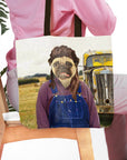 Personalized 'Hillbilly' tote bag with a pug's head on a farmer's body, rustic background.