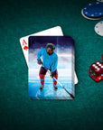 Personalized playing card featuring a custom dog portrait as a hockey player on a green felt table.