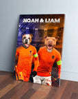 Personalized 'Holland Doggos' canvas featuring two pets in orange soccer jerseys with names "Noah & Liam.