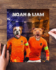 Personalized 2 pet puzzle featuring two dogs in orange soccer jerseys with names "Noah & Liam".