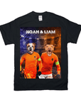 Black Gildan t-shirt featuring two dogs in orange Dutch soccer jerseys, personalized with "NOAH & LIAM".