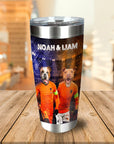 Personalized stainless steel tumbler with two dogs in custom soccer uniforms, "Noah & Liam" text.