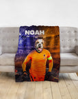 Custom pet blanket with a bulldog's head on a soccer player's body, personalized with "NOAH".