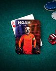 Personalized playing card featuring a dog in a Holland soccer uniform, "Noah" text, on a green felt table.