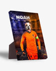 Personalized pet standing canvas featuring a bulldog in an orange soccer jersey with "NOAH" above.