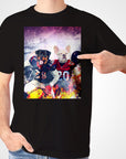 Black Gildan t-shirt featuring a personalized graphic of two dogs in football uniforms, a Rottweiler and a French Bulldog.