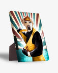 Personalized pet standing canvas featuring a yellow lab in a yellow and black wrestling outfit with a bandana, against a retro sunburst background.